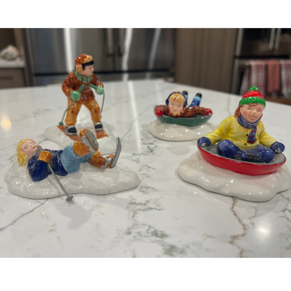 Department 56 Snow Village LOOSE Figures Skiing Sledding Tubing Set of 5